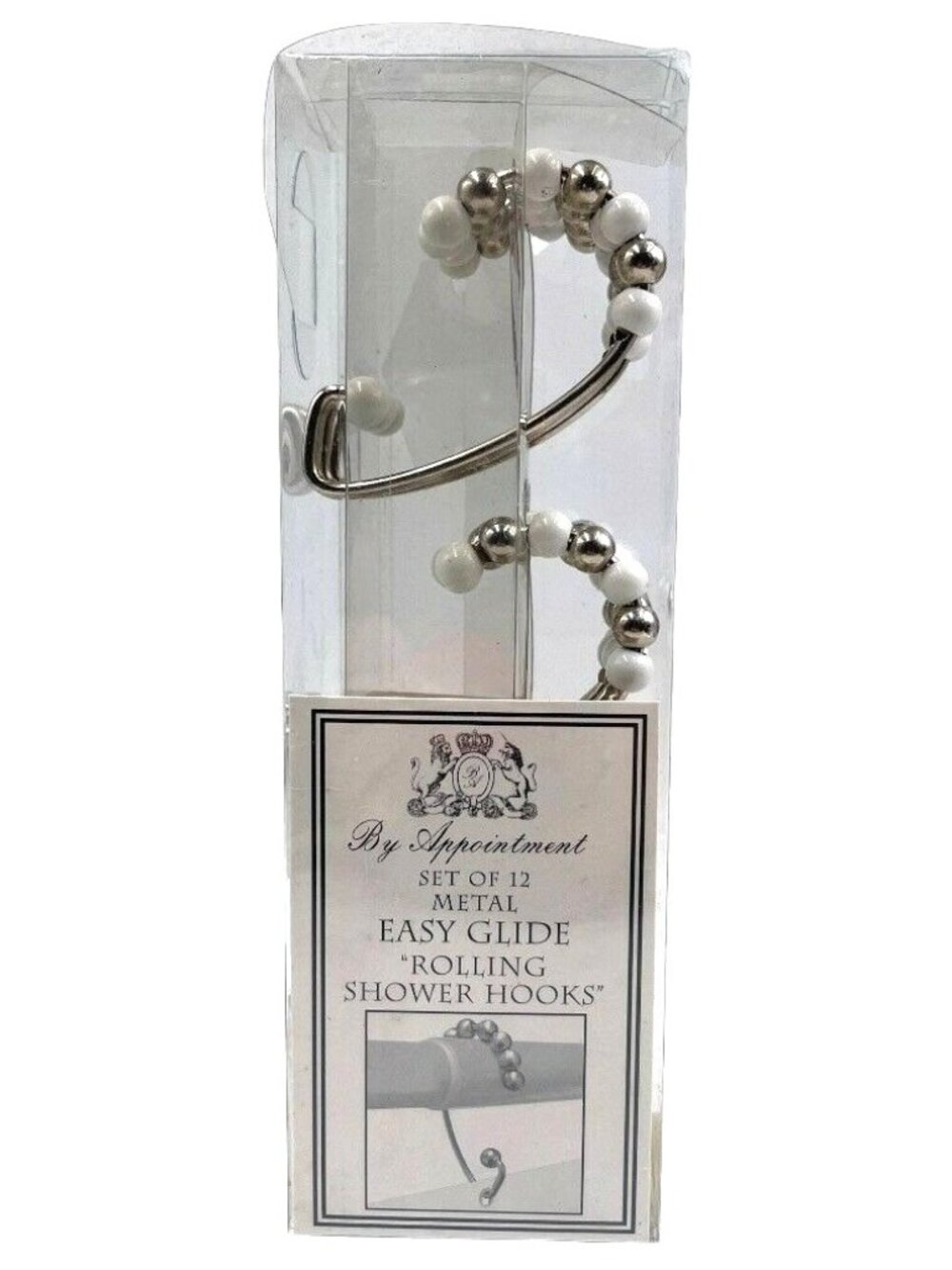 NIB By Appointment Chrome White Beaded Rolling Shower Curtain Hooks 12pc